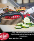Front view of TableCraft H6610 stainless steel mezzaluna with black handle and wavy blade