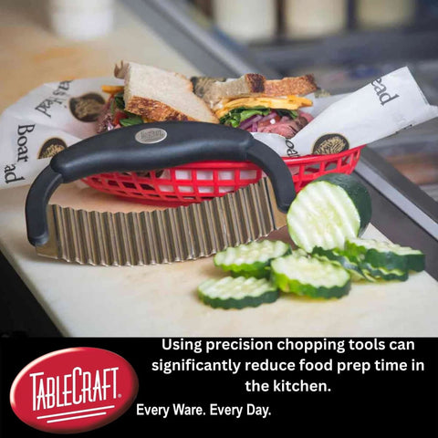 Front view of TableCraft H6610 stainless steel mezzaluna with black handle and wavy blade
