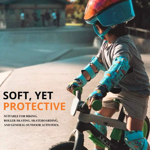 Child wearing Kid Friendly Knee And Elbow Pad Set With Pro Grade Bike Gloves For Ages 2-11 All Day Fun Flexible Impact Resistant Protective Gear