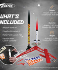 Tandem X Rocket Building Kit For Beginners With Launch Pad And Controller, showing included parts like rockets, pad, and controller.