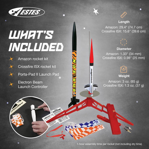 Tandem X Rocket Building Kit For Beginners With Launch Pad And Controller, showing included parts like rockets, pad, and controller.