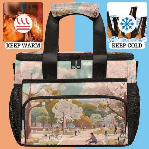 Insulated Picnic Backpack For Everyday Lunch On The Go with cherry blossom design, keeps food warm and cold, durable bag.