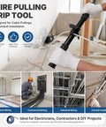 Heavy Duty Metal Fish Tape And Mule Tape Wire Puller Featuring Secure One Way Locking Pawl For Zero Fuss Cable Retrieval No Sweat Electrical Wiring Conduit Labor Saving Ergonomic Hand Tool in use for cable installation.