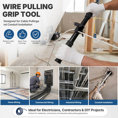 Heavy Duty Metal Fish Tape And Mule Tape Wire Puller Featuring Secure One Way Locking Pawl For Zero Fuss Cable Retrieval No Sweat Electrical Wiring Conduit Labor Saving Ergonomic Hand Tool in use for cable installation.