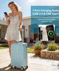 Woman using phone with 20 Inch Carry On Luggage With Spinner Wheels USB Port Expandable Hard Shell Suitcase in mint blue outdoors