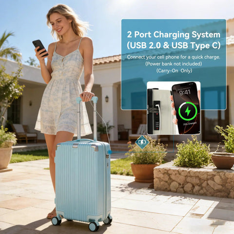 Woman using phone with 20 Inch Carry On Luggage With Spinner Wheels USB Port Expandable Hard Shell Suitcase in mint blue outdoors