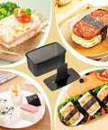 Musubi Press Mold Kit 2 Pack Clear Musubi Maker With Stainless Steel 304 Slicer for Spam, showing rice molds and sliced Spam on rice