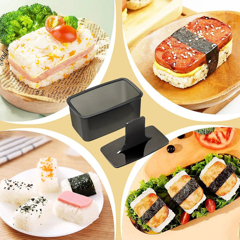Musubi Press Mold Kit 2 Pack Clear Musubi Maker With Stainless Steel 304 Slicer for Spam, showing rice molds and sliced Spam on rice