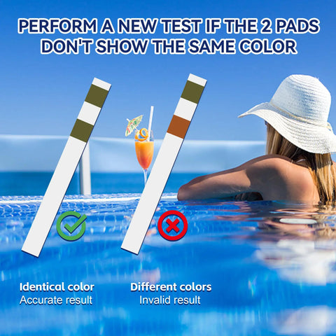 Hard Water Test Strips Kit With 200 Strips And Sample Tube For At Home DIY Water Testing In Homes Pools And Spas Calcium And Magnesium Tester 0 To 425 Ppm With Easy Read Two Color Pad Indicators image showing test strip color results next to a pool.