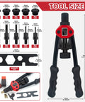Rivet Nut Tool Kit 14 Inch Hand Riveter With 5 Metric Mandrels, showing tool size and mandrel specifications