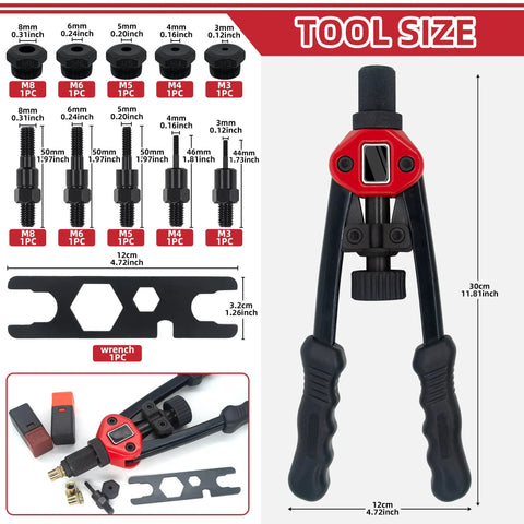Rivet Nut Tool Kit 14 Inch Hand Riveter With 5 Metric Mandrels, showing tool size and mandrel specifications