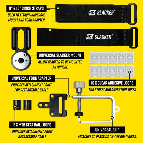 MTB Sag Tool Pro Digital Suspension Tuning Kit components including cinch straps, fork adapter, seat rail loops, adhesive loops, and clip.