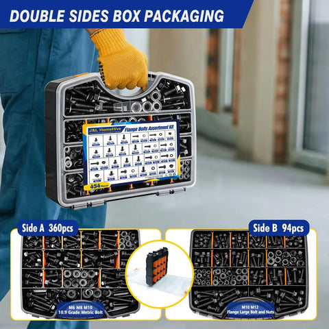 454 Piece Metric Flange Bolt Assortment Kit Grade Ten Nine M6 M8 M10 M12 Hex Bolts Nuts Washers Black Zinc Plating Heavy Duty Automotive And Farm Equipment Hardware Set in organizer case