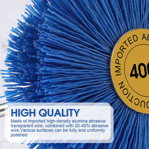 Close-up of 400 grit brush from 7 Piece Nylon Wheel Brush Set With One Quarter Inch Shank Multi Grits 80 120 180 240 320 400 600 Heavy Duty Pro Grade Drill Brush For Rust Paint Corrosion Removal And Surface Prep.