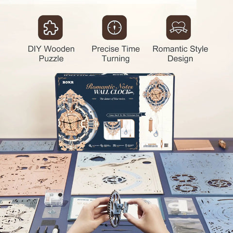 3D Wooden Puzzle Clock Kit For Adults And Teens, Mechanical Building Model Kit, DIY Brain Teaser Puzzle, Romantic Notes Clock Gift Idea, Eco Friendly Basswood Craft Hobby Totally Fun, box and parts layout