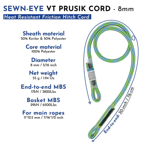 Sewn-eye VT Prusik Cord 8mm for Slack Tending Pulley Kit For Doubled Rope Climbing DDRT System with specifications
