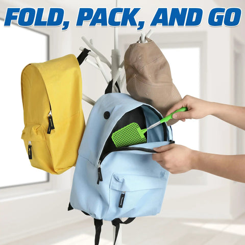 Person placing a telescoping fly swatter into a blue backpack with a yellow backpack nearby