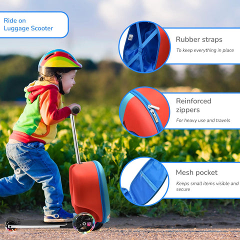 Ride-on luggage scooter for kids; orange carry-on shell with blue trim and light-up wheels, child riding outdoors