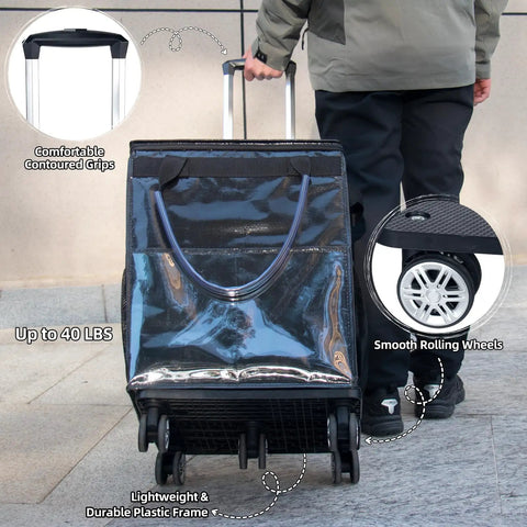 On Wheels Grocery Cart 54L Capacity Foldable Rolling Tote with black design, drawstring bag, and 360 degree wheels for heavy loads.