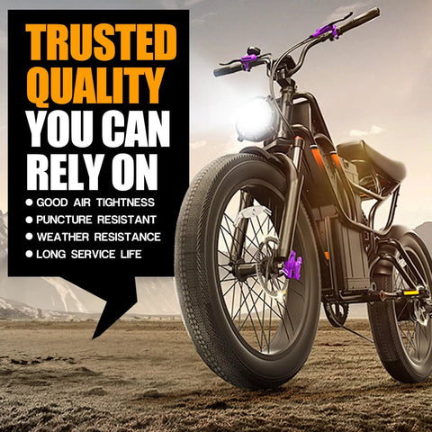 Two Pack 20 Inch Fat Bike Tubes 20X4 Heavy Duty Butyl Inner Tubes With 32mm Schrader Valve For E Bikes And Mountain Bikes Includes Two Tire Levers For Quick Repairs displayed on e-bike in desert