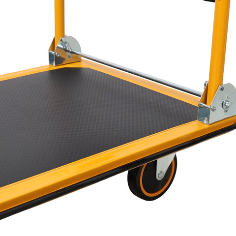 Heavy Duty Folding Platform Cart With Four Inch Rotation Wheels, 360 Lb Load Capacity, Rugged Steel Build For Easy Gear Moves On Any Surface Great For Warehousing, Moving Heavy Gear, And Home Shop Tasks close-up of folding base and wheel