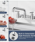 Heavy Duty Wall Mount Kitchen Faucet With Dual Handles In Classic Chrome Featuring An Adjustable Seven To Eight Inch Center And Smooth Three Sixty Swivel Spout showing non-splash, gentle foaming flow.