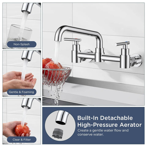 Heavy Duty Wall Mount Kitchen Faucet With Dual Handles In Classic Chrome Featuring An Adjustable Seven To Eight Inch Center And Smooth Three Sixty Swivel Spout showing non-splash, gentle foaming flow.