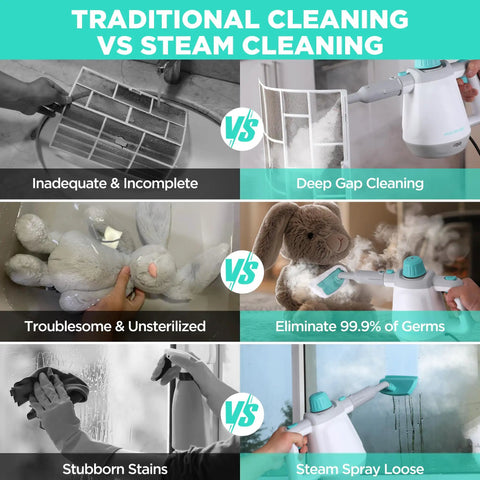High Powered Handheld Steam Cleaner With Comprehensive Accessory Kit Designed To Nuke Stubborn Grime In Minutes While You Ditch Toxic Chemicals For Fresh House And Spotless Car Results in action comparison image.