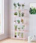 Professional Heavy Haul Five Tier Adjustable Wire Shelving Rack With Beefy Carbon Steel Frame And Drop In Leveling Feet For Kitchen Garage Pantry Setup Pink, displaying potted plants.