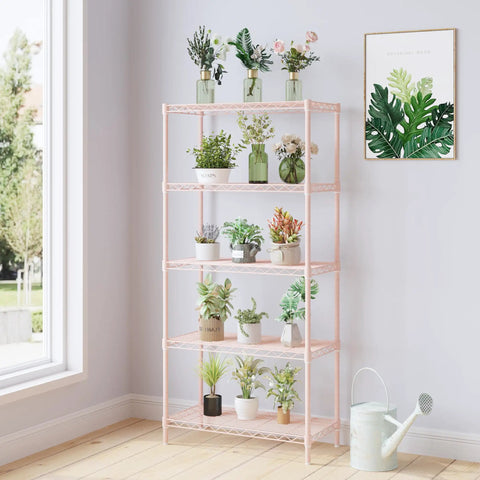 Professional Heavy Haul Five Tier Adjustable Wire Shelving Rack With Beefy Carbon Steel Frame And Drop In Leveling Feet For Kitchen Garage Pantry Setup Pink, displaying potted plants.