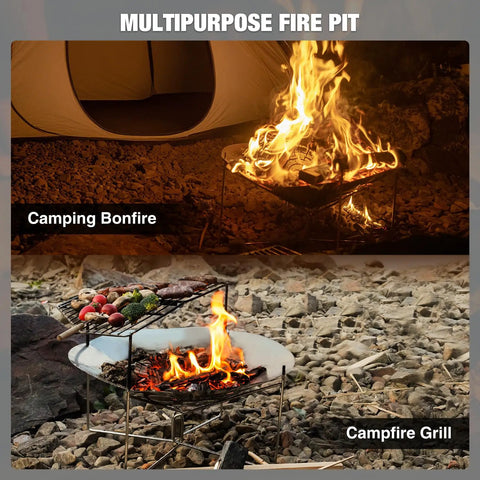 Portable 20 Inch Stainless Steel Wood Burning Fire Pit With Folding Grill And Carry Bag Ultra Compact Travel Ready Stows To About One Point Two Inches Weighs About Six Lbs Ideal For Camping Picnics Backpacking Beach Trips And Outdoor Heating used as a bonfire and grill.
