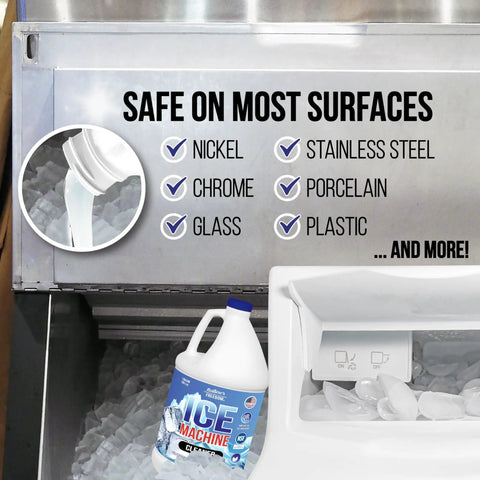 Pro Grade Ice Machine Cleaner 1 Gallon NSF Certified For Drinking Water Treatment Nickel Safe Descaler Made In USA Universal Compatibility For Commercial And Residential Ice Makers bottle in ice machine