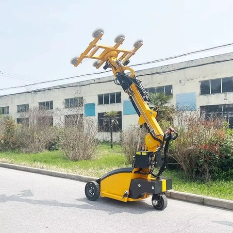 Heavy duty electric vacuum lifter for large glass panels outdoors, featuring adjustable suction cups for easy handling.