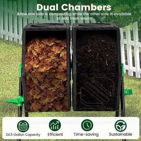 Dual Chamber Outdoor Compost Tumbler With Aeration Built Tough Heavy Duty Rotating Composter 2 Sliding Doors 34.5 Gallon Bin