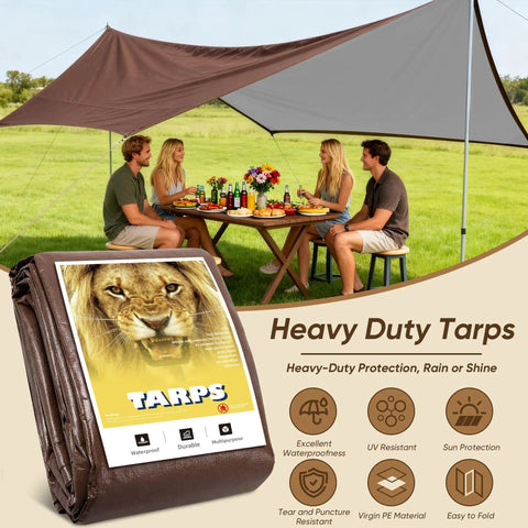 Industrial-Grade Waterproof Tarp 30x40 Ft Heavy-Duty Polyethylene Cover shown covering outdoor dining area