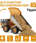 Remote Control Dump Truck For Kids Nine Channel RC Construction Vehicle With Metal Dump Bed Lights And Realistic Sound Rechargeable Battery Kid Approved Fun For Toddlers Boys And Girls Ages Six And Up tipping dirt at 45 degrees.