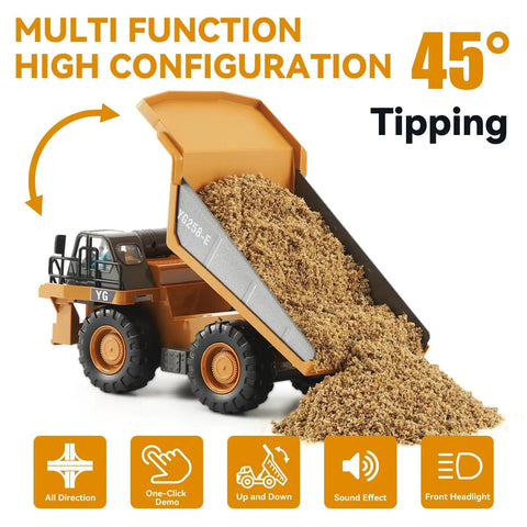 Remote Control Dump Truck For Kids Nine Channel RC Construction Vehicle With Metal Dump Bed Lights And Realistic Sound Rechargeable Battery Kid Approved Fun For Toddlers Boys And Girls Ages Six And Up tipping dirt at 45 degrees.