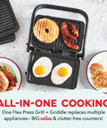 Dash MultiMaker Flex Press Grill With Swap-It Plates, Electric Indoor Countertop Nonstick Removable Cooking Surfaces For Burgers Sandwiches And Breakfast Made Easy With Forg Iron Build preparing eggs, bacon, and bagels.