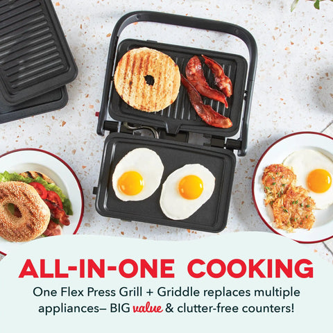 Dash MultiMaker Flex Press Grill With Swap-It Plates, Electric Indoor Countertop Nonstick Removable Cooking Surfaces For Burgers Sandwiches And Breakfast Made Easy With Forg Iron Build preparing eggs, bacon, and bagels.