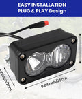 Universal 6000K 20W Waterproof E Bike Headlight Front Light With 2 Pin Connector shown with dimensions, black aluminum housing.