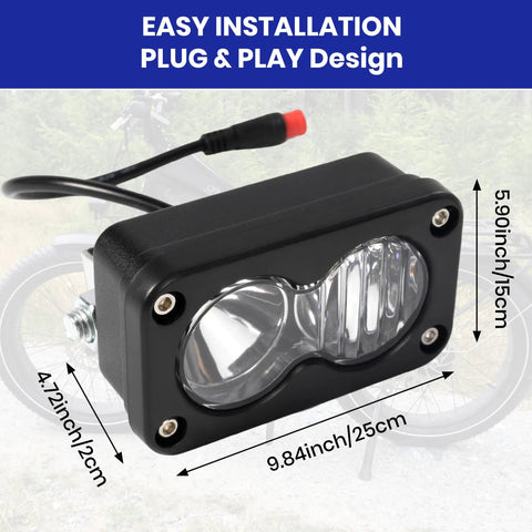 Universal 6000K 20W Waterproof E Bike Headlight Front Light With 2 Pin Connector shown with dimensions, black aluminum housing.