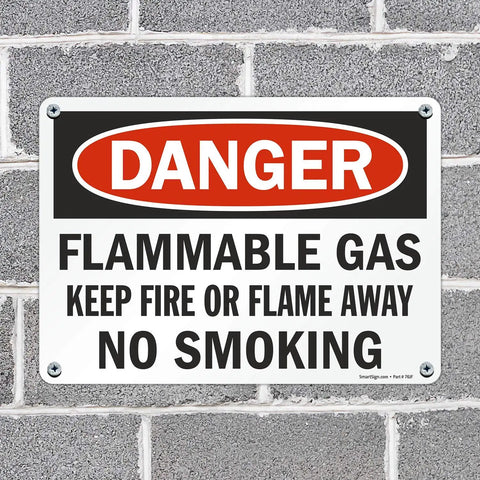 Rock Solid Heavy Duty Aluminum Danger Flammable Gas No Smoking Safety Sign 10 By 14 Inches on a brick wall.