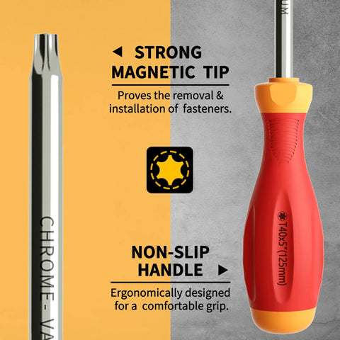 Torx Screwdriver Set 12 in 1 for DIY Tech and Auto Repairs with red ergonomic handle and magnetic tip
