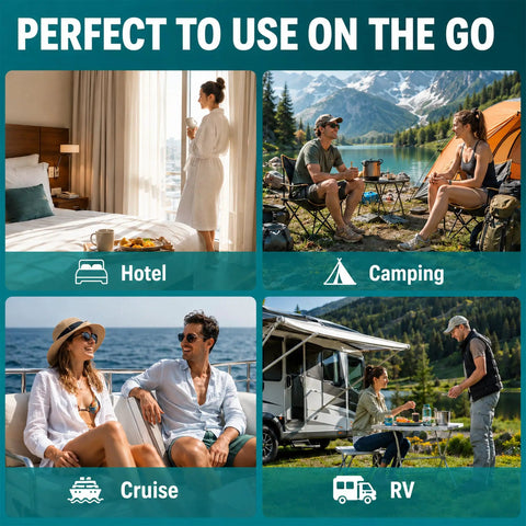 Grab And Go Portable Travel Washing Machine With Retractable Clothesline For Hotels Cruises And Camping Easy Manual Hand Wash Bag in hotel, camping, cruise, and RV settings.