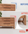 Clear Flexible Plastic Leveling Shims 30 Pack For Home Improvement shown stabilizing a wooden dresser, before and after use illustration.