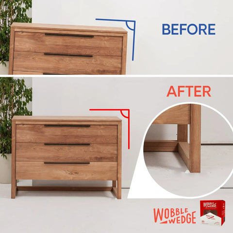 Clear Flexible Plastic Leveling Shims 30 Pack For Home Improvement shown stabilizing a wooden dresser, before and after use illustration.