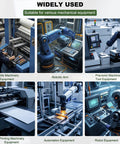Industrial equipment collage: textile machinery, robotic arm, precision tools, printing equipment, and automation gear.