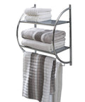 Wall Mounted Two Tier Bathroom Shelf With Two Towel Bars, Chrome Finish, displaying folded towels and hanging towel