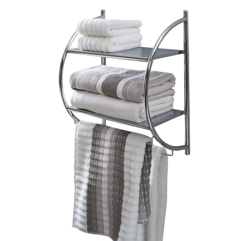 Wall Mounted Two Tier Bathroom Shelf With Two Towel Bars, Chrome Finish, displaying folded towels and hanging towel