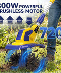 Cordless Garden Tiller Cultivator With 720 RPM Power being used in a garden, showing 9 inch width tilling and yellow design
